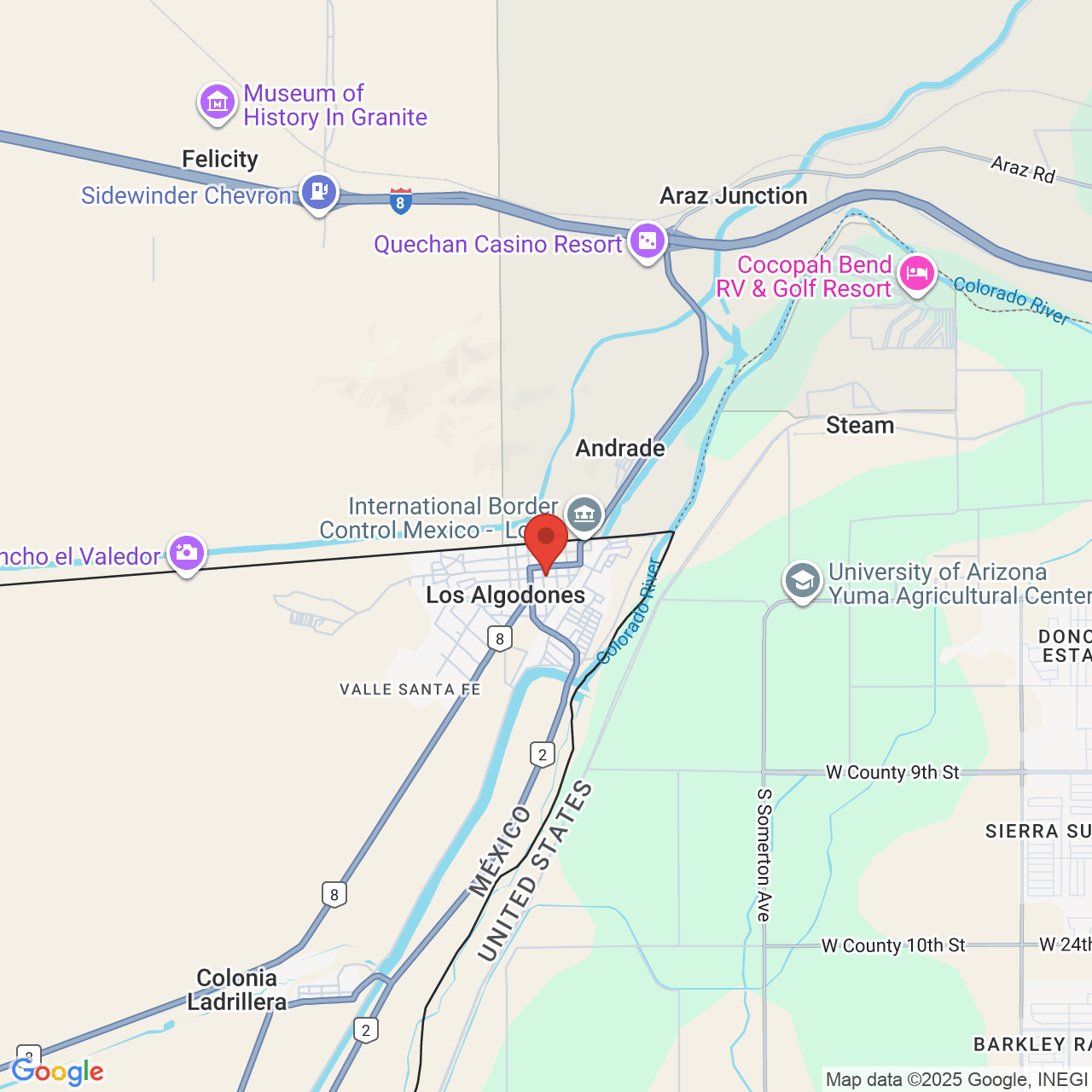 Google map image of our location in Calle 2 1005 Vicente Guerrero Los Algodones, B.C.